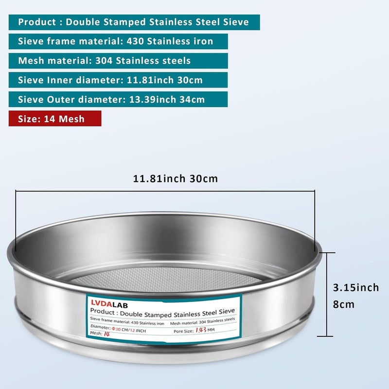 LVDALAB 304 Stainless Steel Lab Sieve Screen Mesh, 14 Mesh(1.43mm) Aperture Test Sieve, 12Inch(30cm) Diameter Economy Standard Analysis Sample Test Sieves for Industrial Laboratory Homes - Image 2